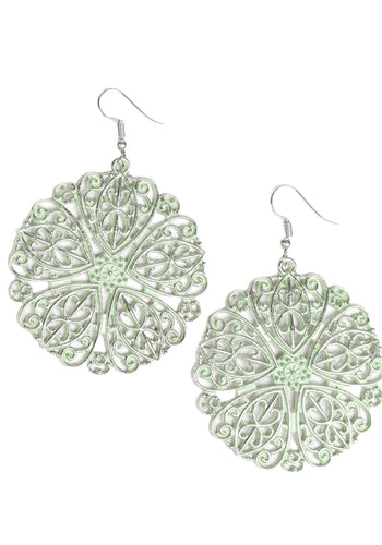 ER - Green Finish Silver Filigree Floral Earrings