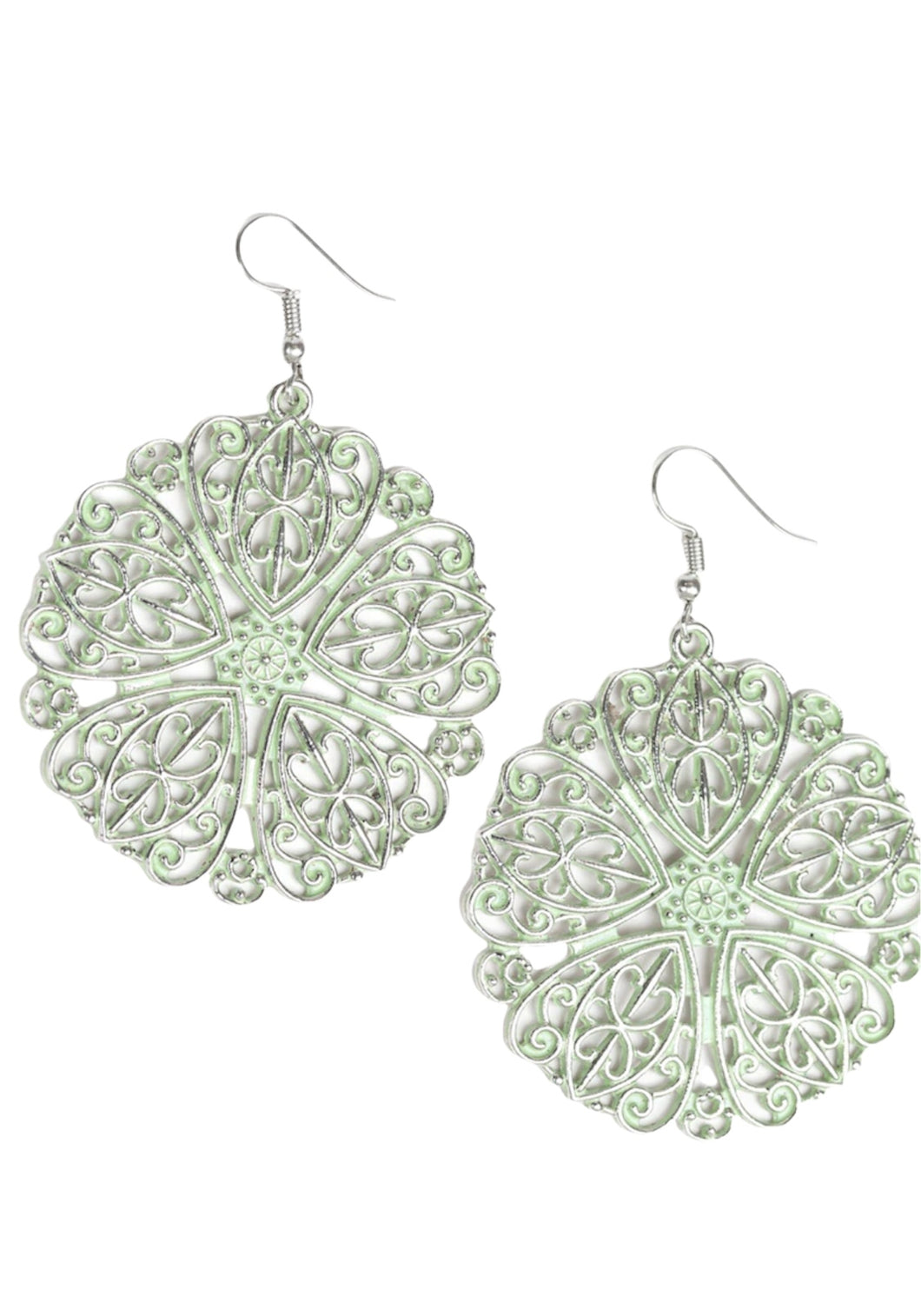 ER - Green Finish Silver Filigree Floral Earrings