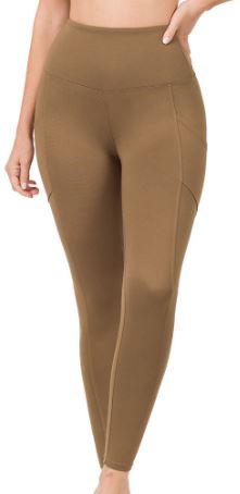 ZEN - Brushed Mircofiber Wide Waistband Leggings w/Pockets - Mocha