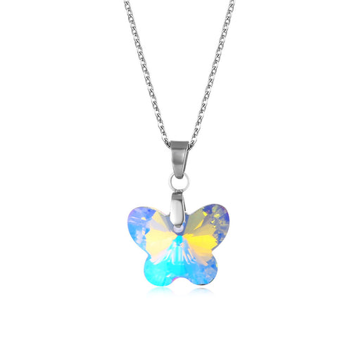 NJ - Crystal Butterfly Pendant Stainless Steel Necklace - AB Multi