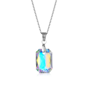 NJ - Crystal Square Pendant Stainless Steel Necklace - Purple & AB Multi