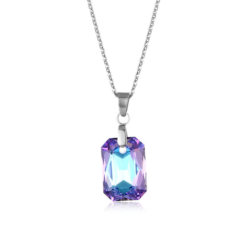 NJ - Crystal Square Pendant Stainless Steel Necklace - Purple & AB Multi