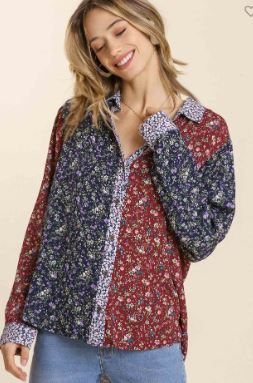 UMG - Mixed Floral Button Down Shirt - Navy/Red