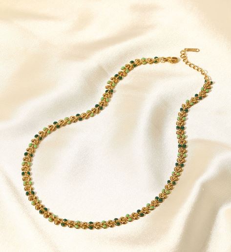 NJ - 18k Gold Green Drop Olive Leaf Stainless Steel Necklace