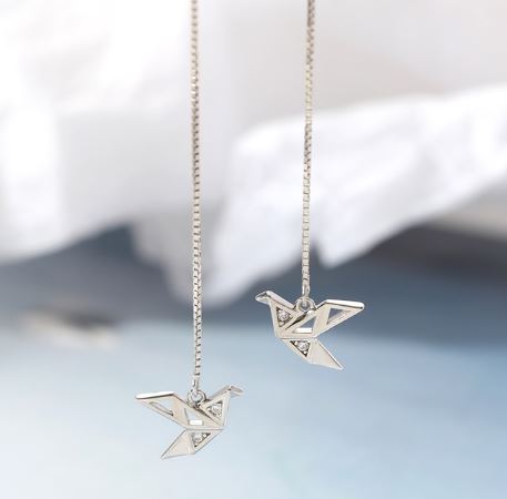 NJ - Origami Paper Crane Long Earring - Silver