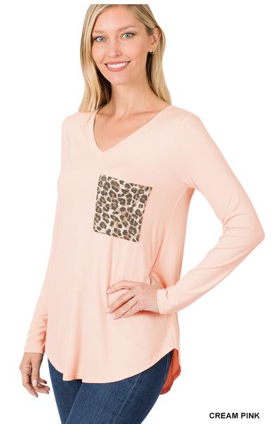 ZEN - Luxe Rayon Long Sleeve V-Neck Leopard Pocket - Blue, Grey, Pink