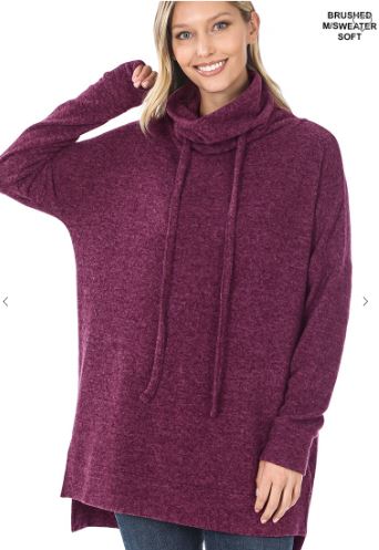 ZEN - Brushed Melange Funnel Neck Sweater - Dark Plum