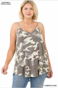 ZEN - Camo Reversible V-Neck, Scoop Neck Top (PLUS) - Grey