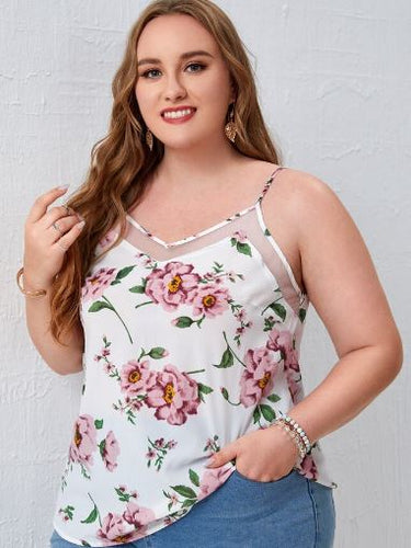 ER - PLUS Floral Print Contrast Mesh Cami Top