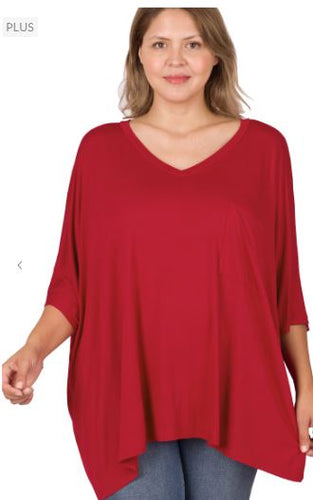 ZEN - PLUS V-Neck Oversized Pocket Top - Red