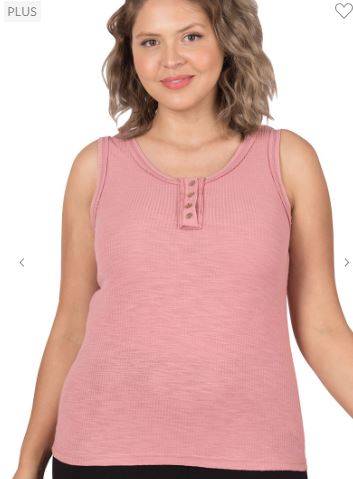 ZEN - PLUS Ribbed Tank with Button Detail - Lite Rose