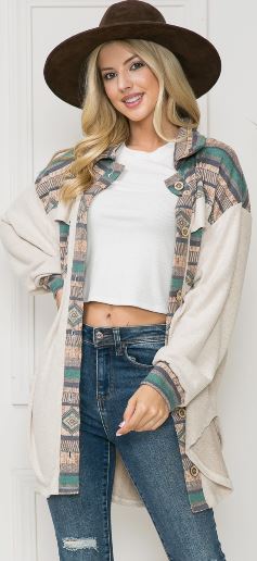 OF - Oversized Soft Knit Mixed Media Shacket - Tribal Print