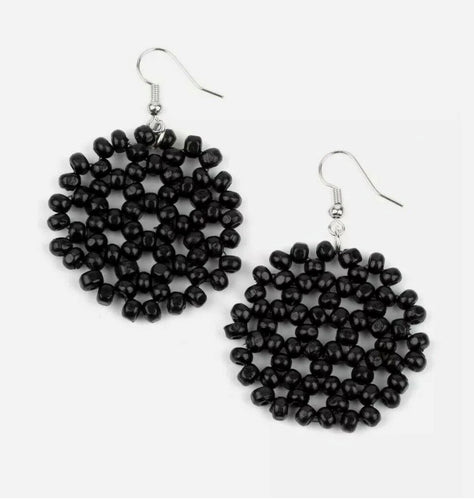 DD - Black Wooden Bead Floral Pattern Earrings