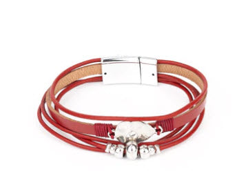 DD - Red Leather & Silver Accent Magnetic Bracelet