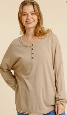 UMG - Button Front Long Sleeve Raw Hem Top - Taupe