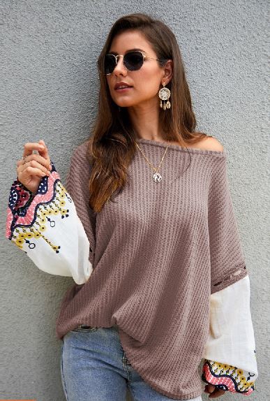 OS - Off Shoulder Tunic Top with Floral Sleeves