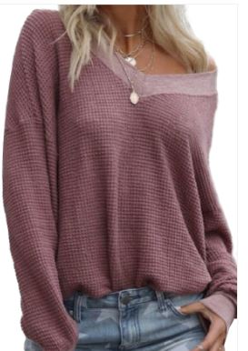OS - Waffle Knit V-Neck Top - Purple