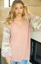 Load image into Gallery viewer, WB - Waffle Knit Camo Sleeve V-Neck