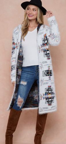 OnBlue - Long Sweater Cardigan with Hood - Ivory/Rainbow