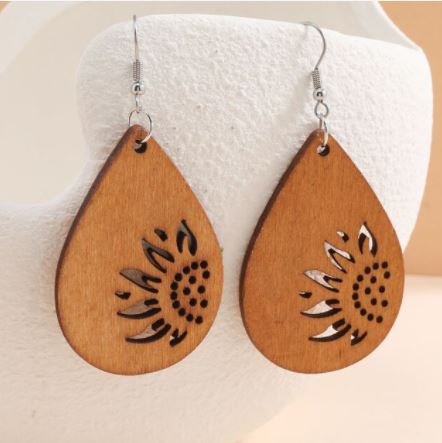 ER - Wood Hollowed Out Floral Earrings