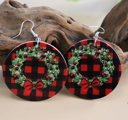 NJ - Buffalo Plaid Leather Christmas Wreathe Earrings