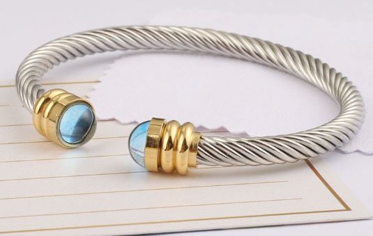NJ - Glossy Wire Titanium Steel Open Bangle w Blue Beads Bracelet