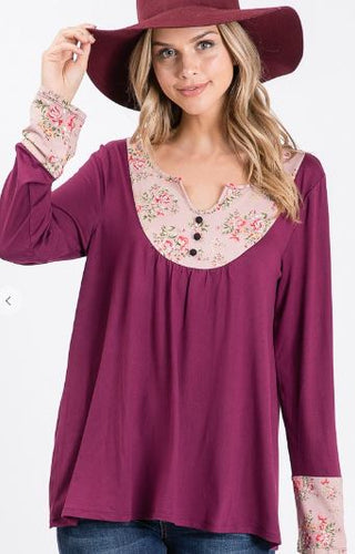 Ninexis - Contrast Yoke with Button Top Floral - Mauve